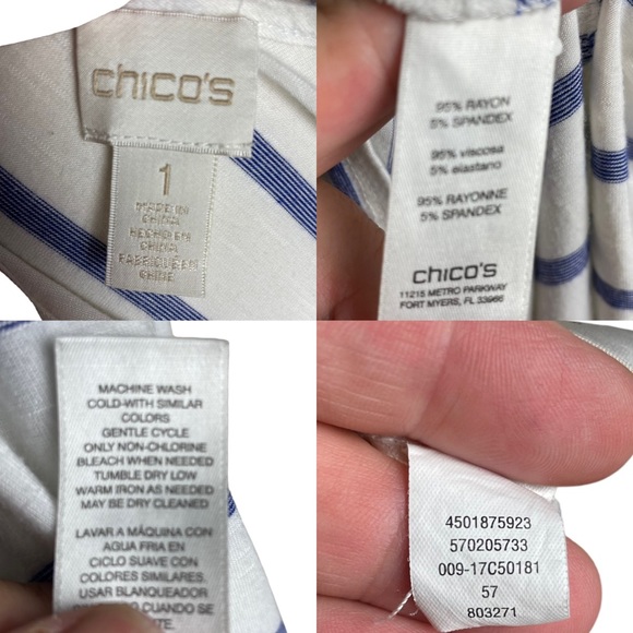 Chico's White/Blue Striped ¾ Sleeve Back Detail Knit Tunic 100% Cotton 1 US 4/6 - Picture 16 of 16